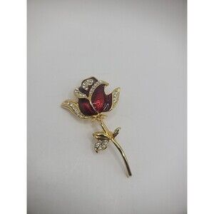 Vintage Brooch Pin Rose Flower Gold Tone Crystals Jewelry Costume